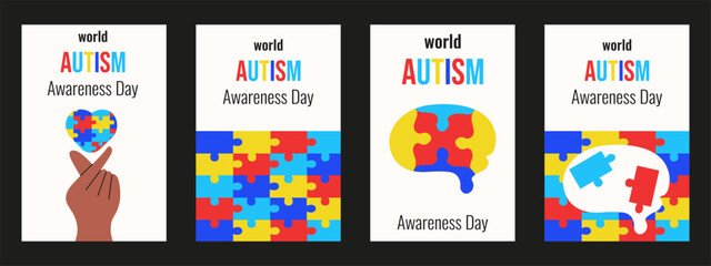 Fototapeta premium Autism Awareness day poster cover set. Vector illustration of abstract brain hand with heart in color of Autism. Perfect Autism card collection. EPS 10