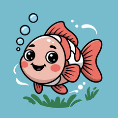Clownfish with big eyes smiles in bubbly underwater scene. Suitable for childrens books, aquariums, marine education materials.