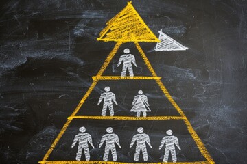 Chalkboard drawing depicting a hierarchical pyramid structure with figures representing people at each level, a yellow arrow suggesting upward movement or growth