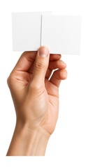 Hand holding two blank square business cards.