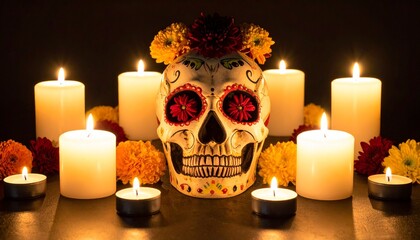 Decorative Día de los Muertos skull with floral patterns and red flower eyes, surrounded by lit white candles and colorful chrysanthemums on dark background.