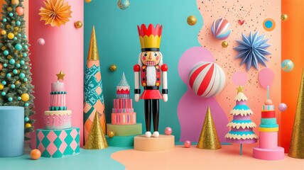 Playful Nutcracker Display with Pastel Colors and Festive Decorations