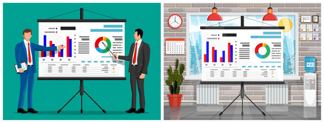 Business men giving financial presentation, showing charts and graphs on screen. Analytics report for business growth and data analysis.
