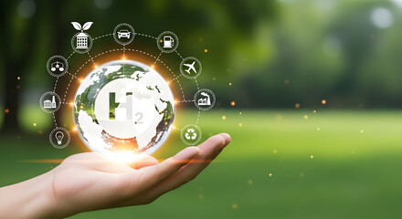 Hand holding hydrogen energy globe for sustainable future and green innovation