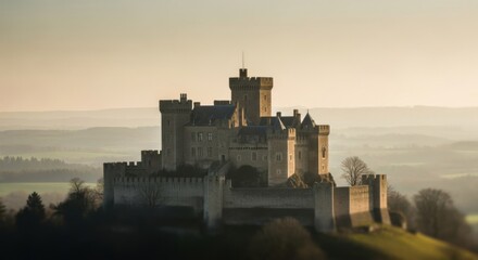 Fototapeta premium Medieval Castle on Hilltop Surrounded by Forest and Fields in Soft Morning Light