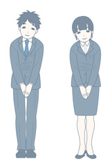 お辞儀をしながら微笑むスーツ姿の男女