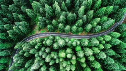 aerial. Aerial view of a serene forest road winding through lush greenery under natural daylight. travel magazines, destination branding, designed for travel destination branding.