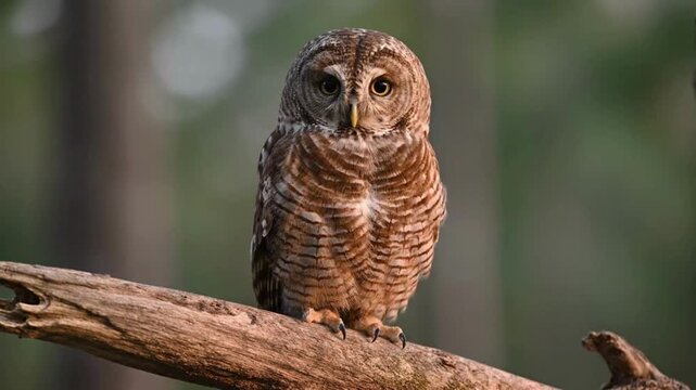 A Juvenile Brown Wood-owl perched openly on a sturdy, weathered branch.