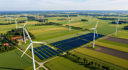 Obraz premium An aerial view of a large wind farm and solar panel array in a rural landscape under a clear sky.
