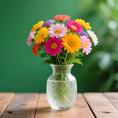 Title:
Colorful bouquet of flowers in a decorative clear glass vase on rustic wooden table with green natural background
