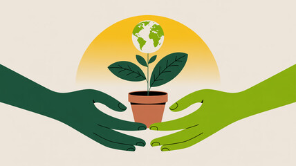 Green hands cradle earth plant growing towards sun image