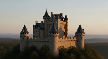 Fototapeta premium Medieval Stone Castle with Tall Turrets and Defensive Walls Surrounded by Forest at Sunset