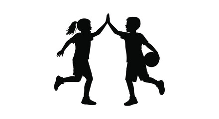 Silhouette of two children celebrating with a high five and basketball