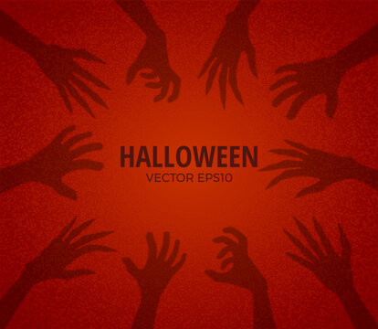 Scary zombie hands reaching up vector frame, shadow of dead human body limbs, Halloween red background, Walking dead