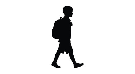A silhouetted image of a boy walking with a backpack on