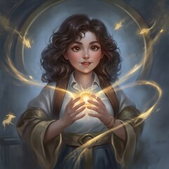 Young woman holding glowing orb surrounded by golden light and spirit animals girl