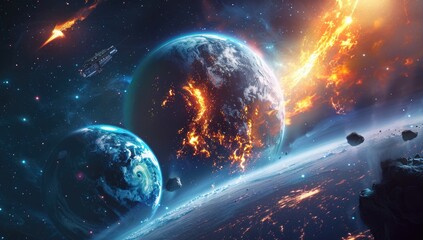 A fiery cosmic event unfolds, engulfing a planet in flames while a neighboring planet observes.  Debris and a spaceship are visible amidst the chaos of space