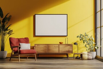 Living Room with Tv Cabinet on the Yellow Wall and Armchair Side Table 3D Rendering