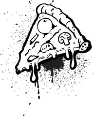 Black and white graffiti, a slice of pizza with leaking cheese, mushrooms, splashes.