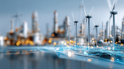 Wind turbine energy network with industrial refinery background and glowing digital connection lines in blue tone