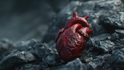 A realistic digital rendering of a human heart resting on dark, rough rocks, conveying a sense of vulnerability and isolation
