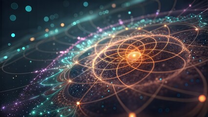 An abstract visualization of a glowing atomic network with interconnected orbits and particles.