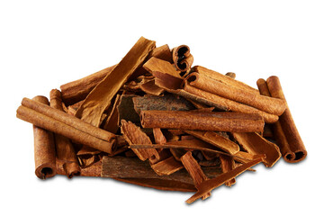 heap of cinnamon spice sticks isolated closeup, cutout in transparent background, png format 