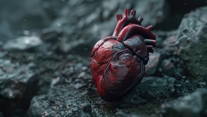A realistic digital rendering of a human heart, seemingly made of stone or a similar material, rests amidst dark, ashen rubble, suggesting themes of loss, destruction, or resilience