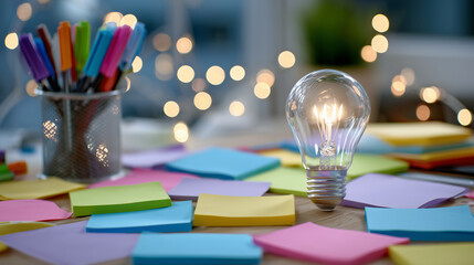 Creative desk scene with sticky notes in vibrant hues, scattered pens and markers, a glowing lightbulb highlighting the central idea concept