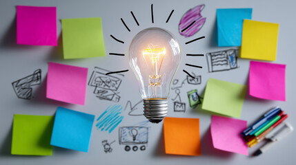 Dynamic top-down perspective of sticky notes in various colors surrounding a glowing lightbulb, markers and sketches accentuating collaborative design thinking