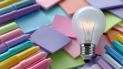 Overhead composition of sticky notes in multiple colors, markers lying randomly, lightbulb glowing softly in center as symbol of design thinking inspiration