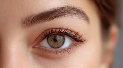 Obraz premium Close-up of an expressive young woman's eye highlighting natural beauty, vivid iris, and delicate eyelashes in a soft-focus setting - perfect for beauty themes