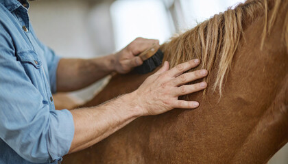 Ethical animal care illustration showing gentle grooming of horse in stable environment with natural light