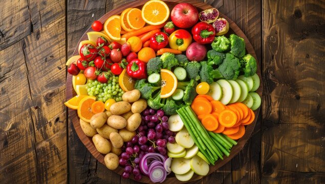 A vibrant, circular arrangement of fresh fruits and vegetables on a rustic wooden platter, showcasing a variety of colors and textures