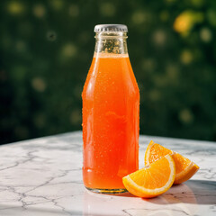 Fresh orange juice in glass bottle with fruit slice