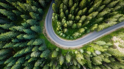 aerial. Aerial view of a serene forest road winding through lush greenery under natural daylight. travel magazines, destination branding, designed for travel destination branding.