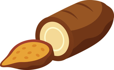 Vector illustration of a sliced cassava root with rough brown skin and white interior