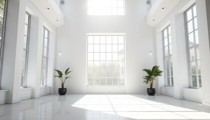 Bright sunlight streams through large windows illuminating a pristine white wall, architecture, light