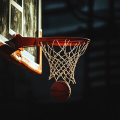 Fototapeta premium Basketball hoop close-up. Ball suspended in net
