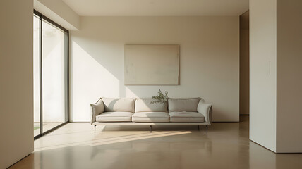 Serene modern living room bathed in warm sunlight with a minimalist sofa and artwork.