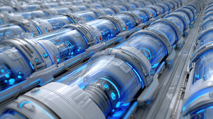 Fototapeta premium Futuristic sci fi technology with rows of transparent cylindrical tubes glowing blue in high tech environment