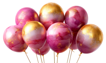 Alcohol Ink Colorful Pink and Gold Balloons for Celebration Events Isolate on Transparent Background, cutout, png