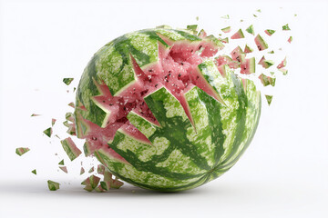 A watermelon exploding from internal pressure, 3D render, isolated on a white background.
