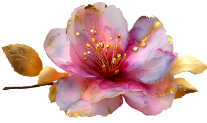 Elegant Alcohol Ink Pink Flower with Gold Accents for Decoration Isolate on Transparent Background, cutout, png