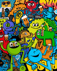 Vibrant and playful cartoon characters celebrating with drinks and tacos in a chaotic, fun-filled scene bursting with energy and joy