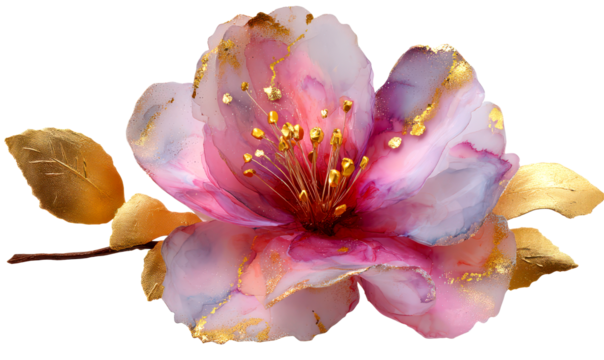 Elegant Alcohol Ink Pink Flower with Gold Accents for Decoration Isolate on Transparent Background, cutout, png