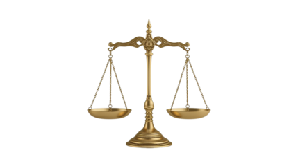 Gold scales renders justice concept with PNG and transparent background for legal, finance, and law themes.
