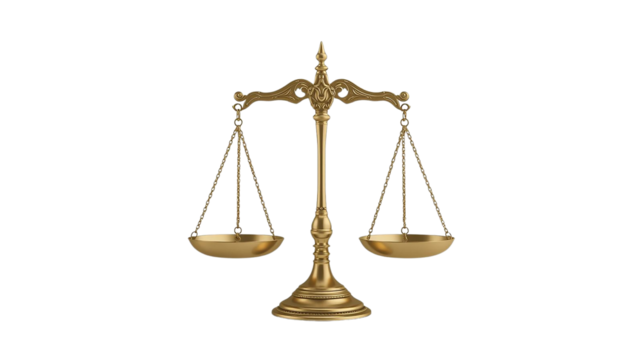 Gold scales renders justice concept with PNG and transparent background for legal, finance, and law themes.