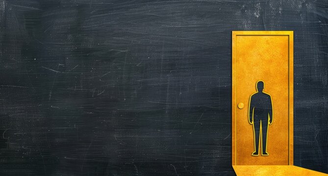 A dark, textured background features a golden door with a cutout silhouette of a person, suggesting an entrance or opportunity