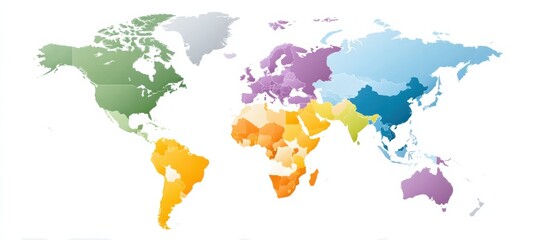 A colorful world map highlighting different regions with distinct color coding, showcasing geographical diversity.
